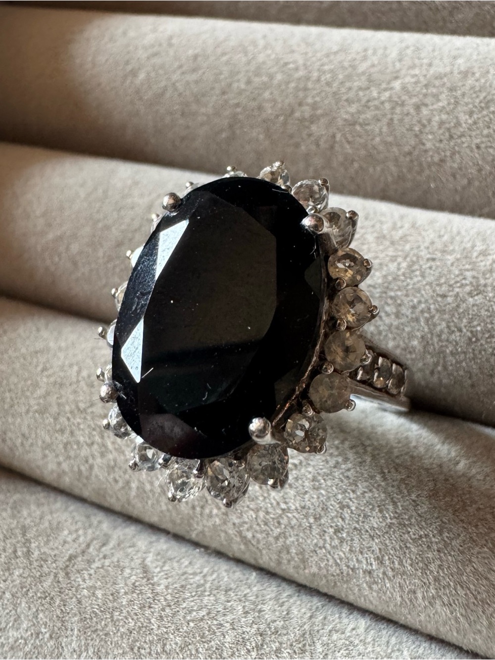 Black Jadeite & White CZ 925 Sterling Silver Statement Ring Size 7.5